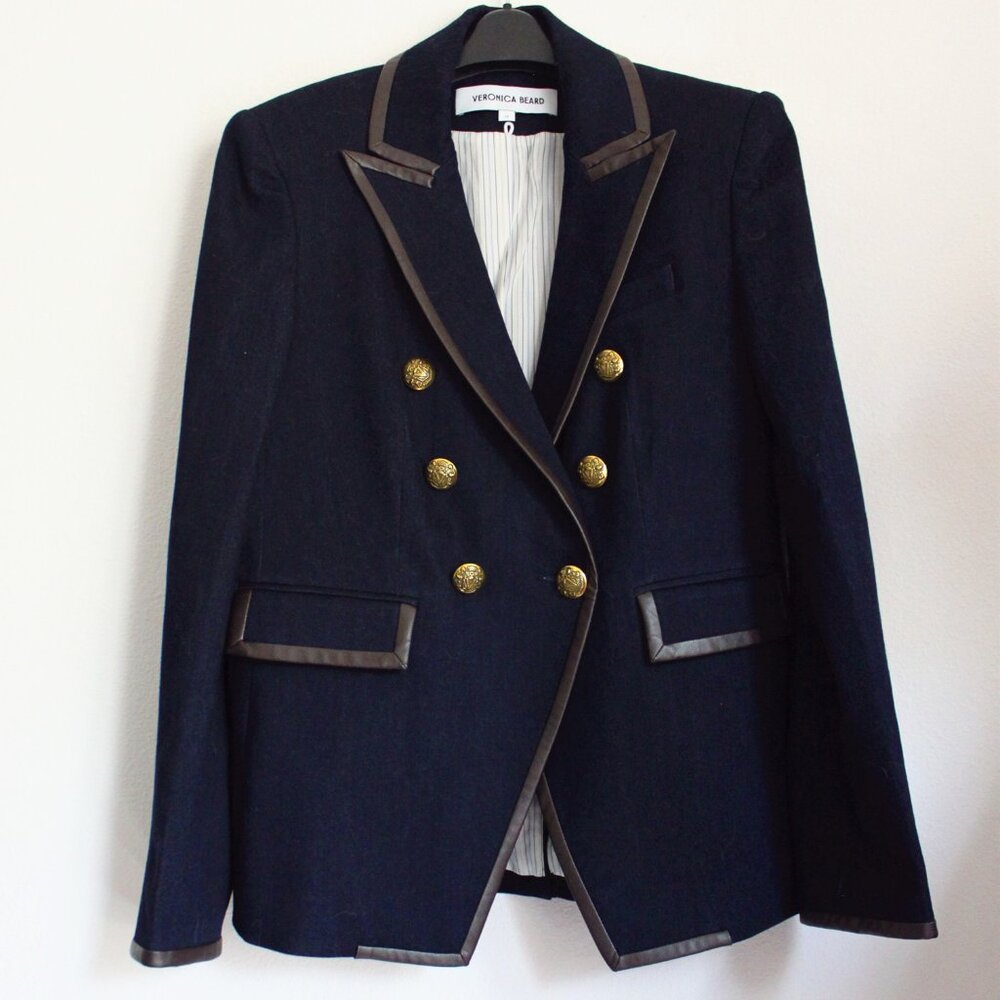 Veronica Beard Navy Blazer with Gold Buttons and Brown Trim